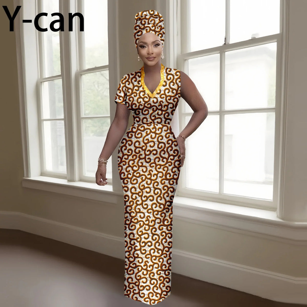 Women's African-Print V-Neck Maxi Dress & Headwrap, image 8 of 16 – Flexi Africa