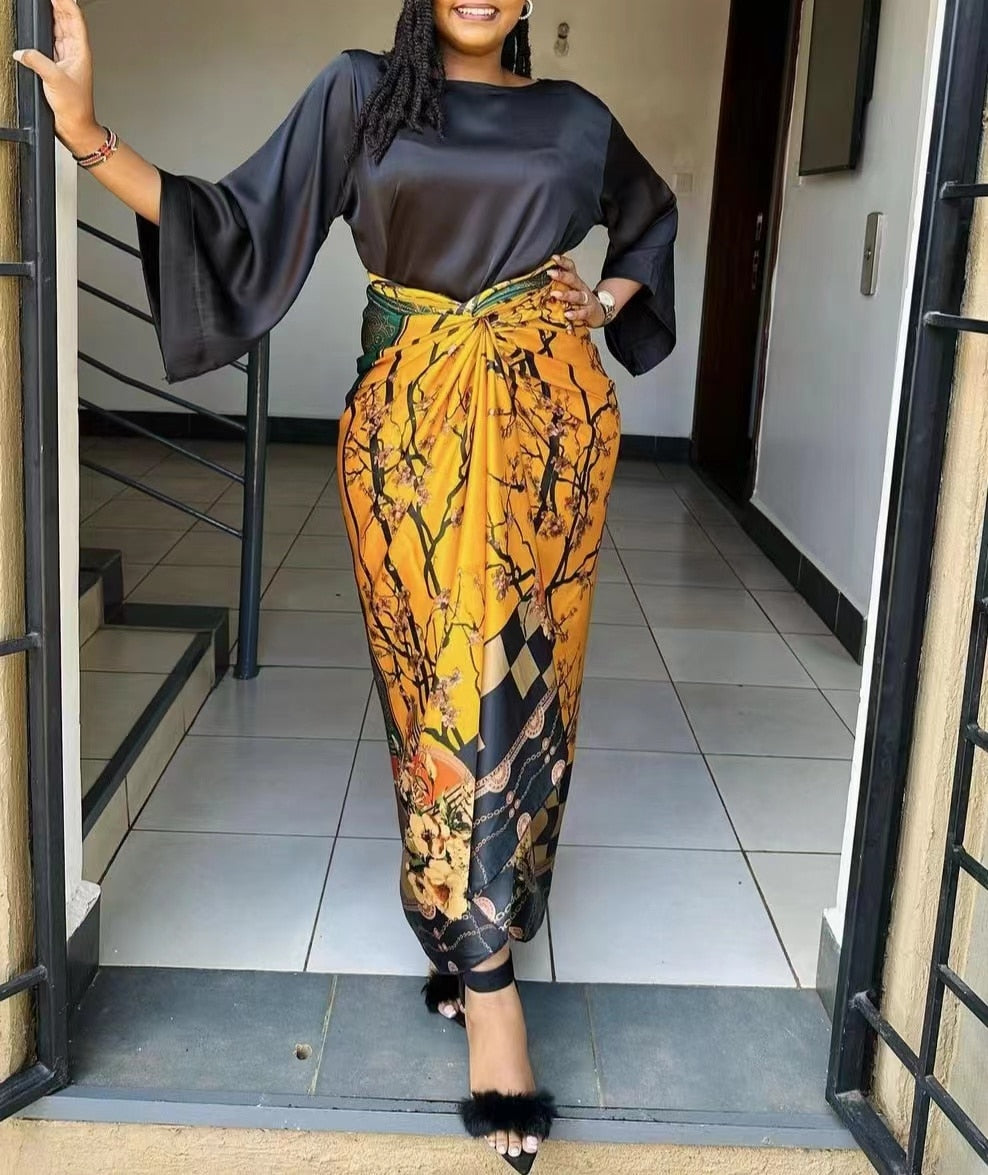 Vibrant and Chic: African Printed Two Piece Set Skirt O-Neck Loose Flare Sleeve Lace-Up Suit - Flexi Africa - Flexi Africa offers Free Delivery Worldwide - Vibrant African traditional clothing showcasing bold prints and intricate designs