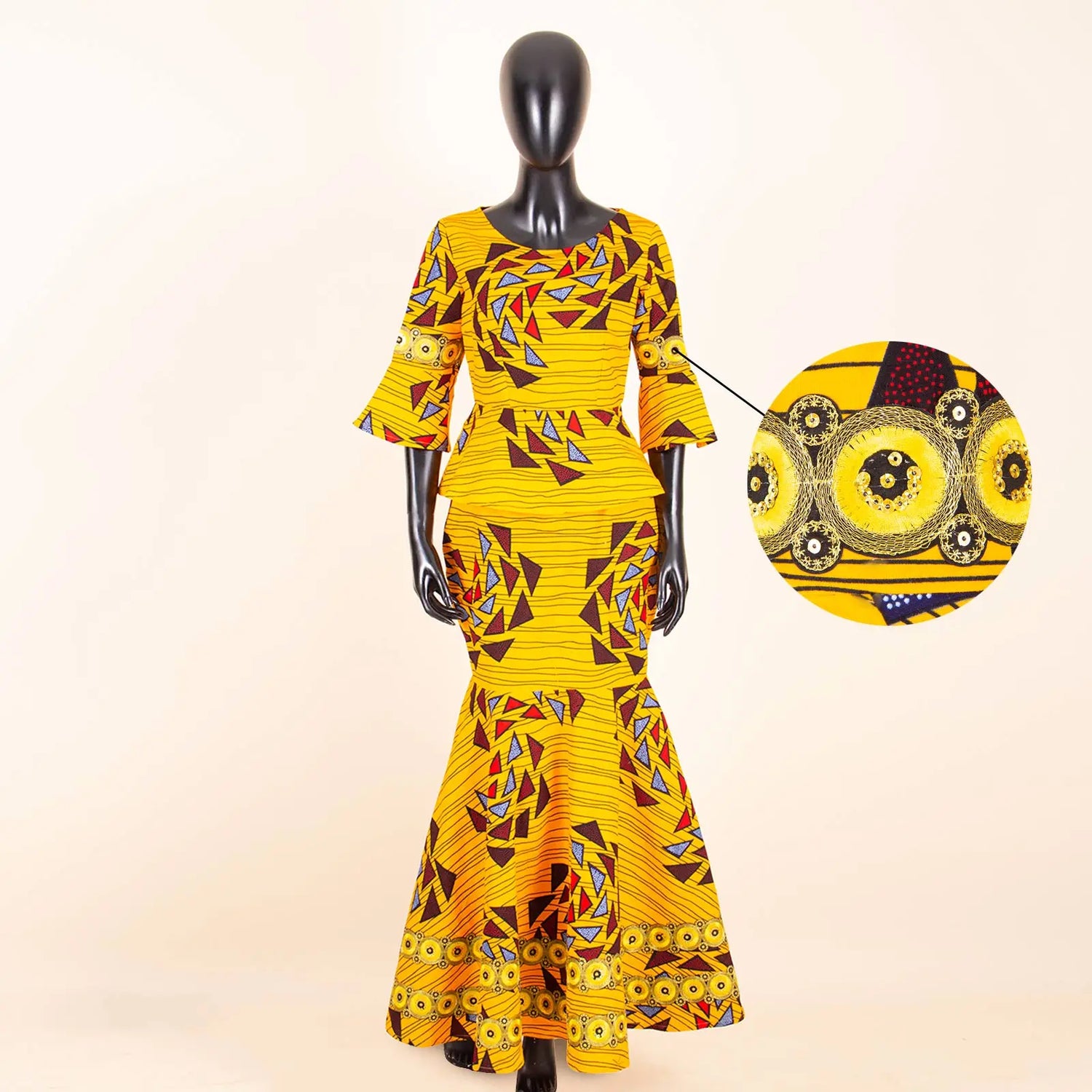 African Party Look – Gold Ankara Fishtail Dress 2PC Set