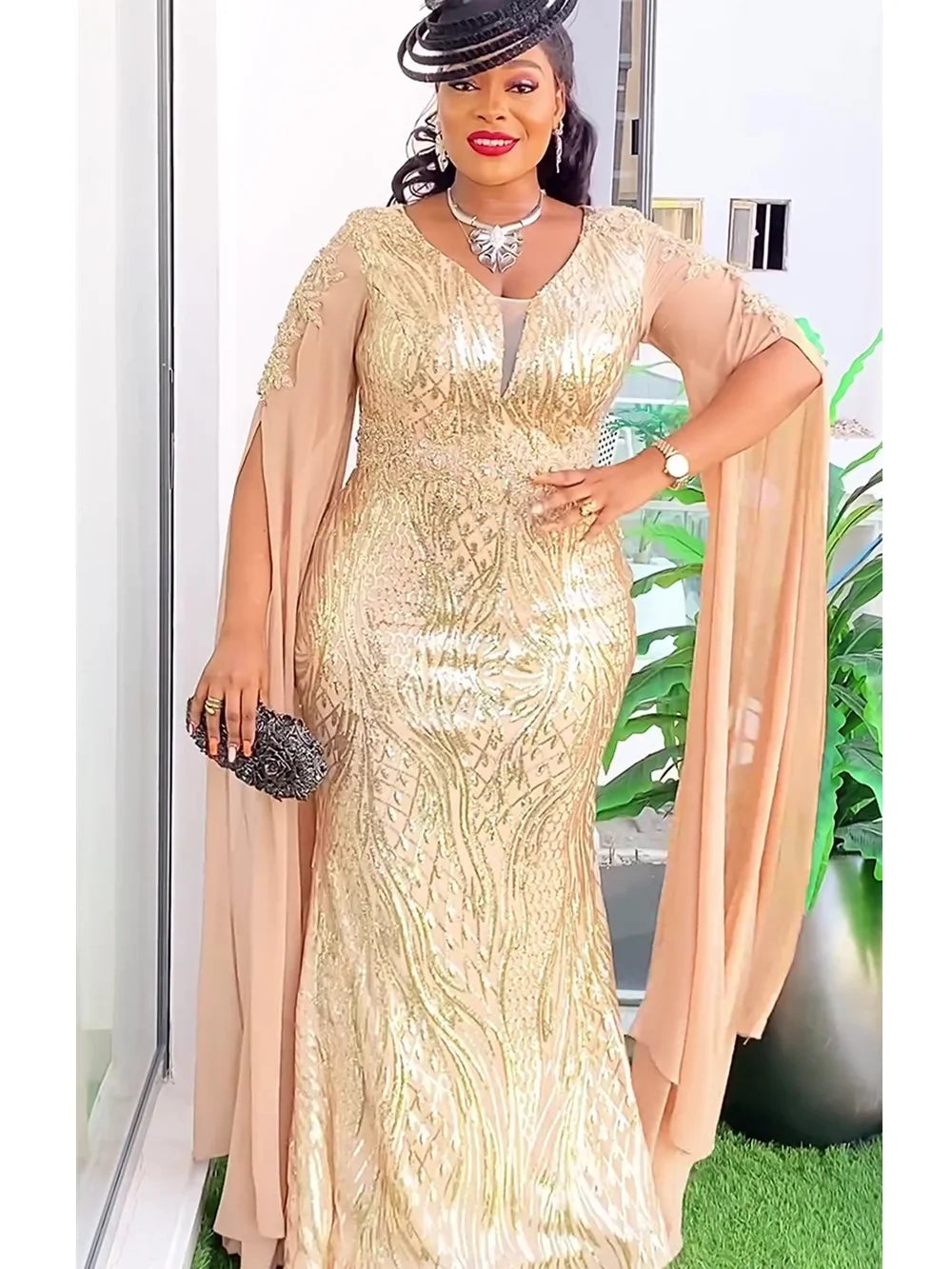 Plus Size African Maxi Dress for Women – Dashiki Sequin Bodycon Gown