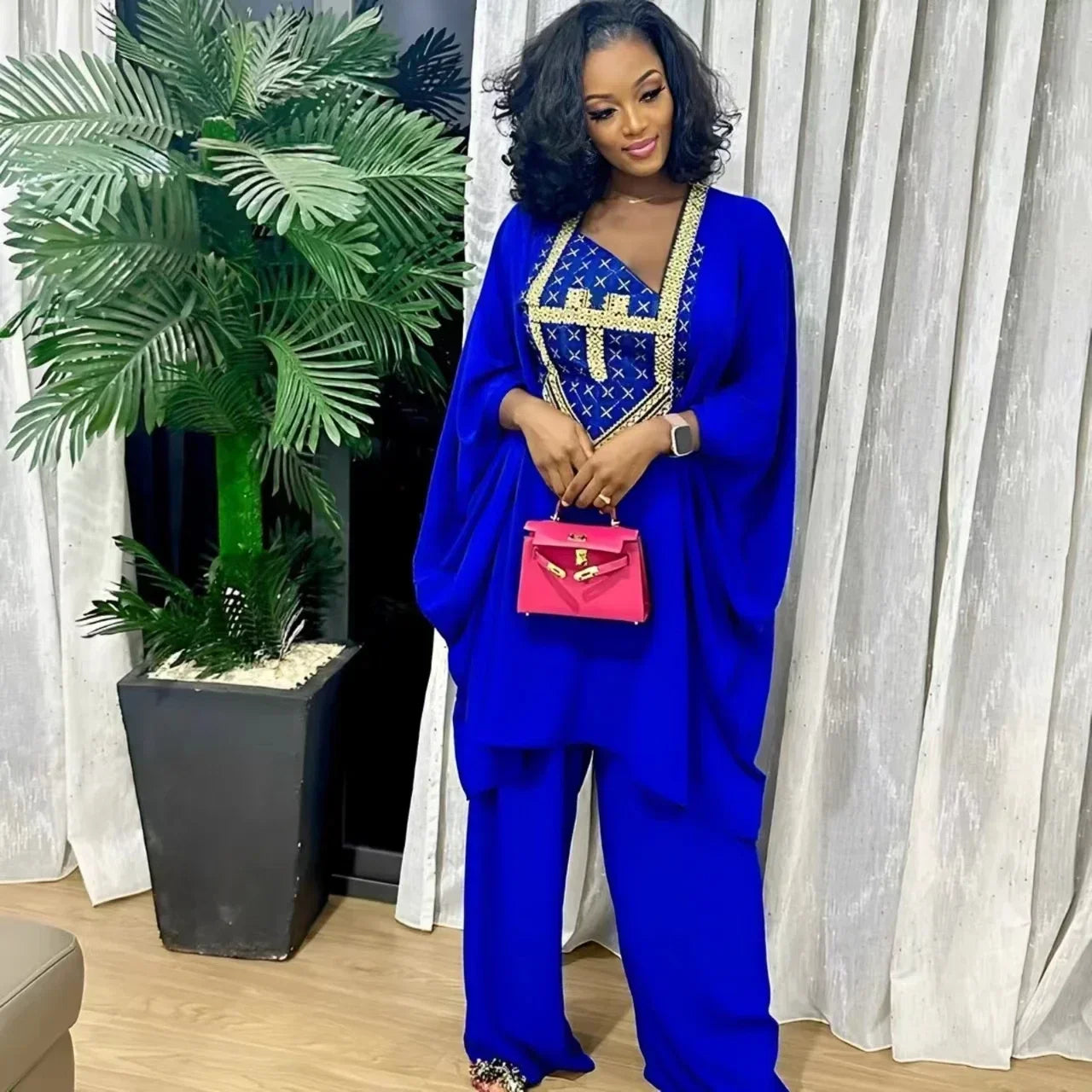 African Dresses For Women 3/4 Sleeve Embroidery Top With Pants