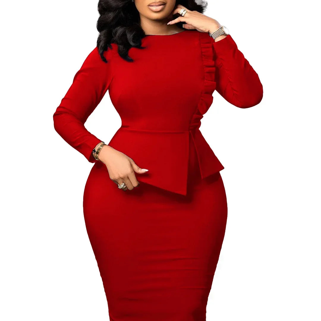 Elegant African Bodycon Midi Dress for Women – High-Waist Long-Sleeve Spring Outfit