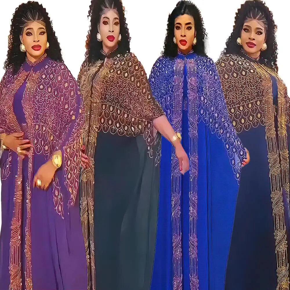 Women's Rhinestone Kanga Dress 2-Piece Set – Elegant African Party Gown