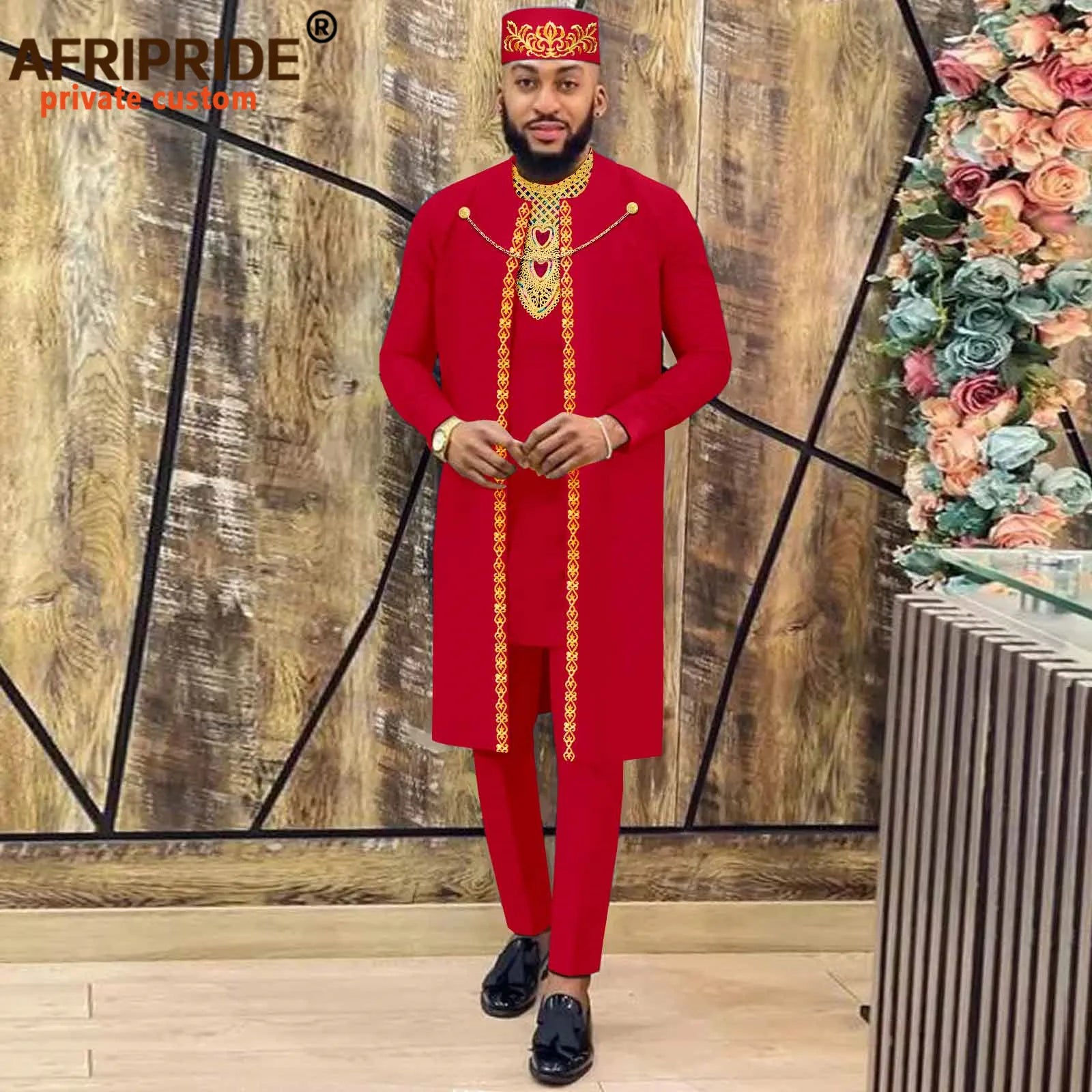 African Clothes for Men – Agbada Robe Embroidery Shirt, Pants, Hat 4PC Set with Chain