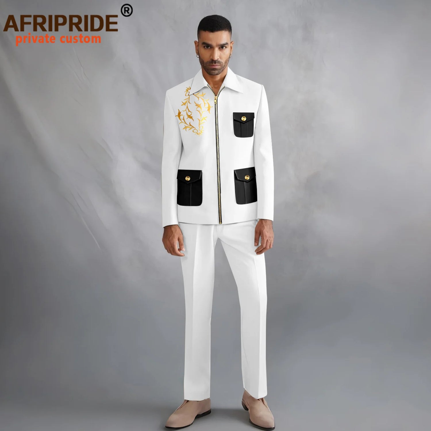 Men's Dashiki Embroidery Zip Jacket & Pants 2-Piece Suit