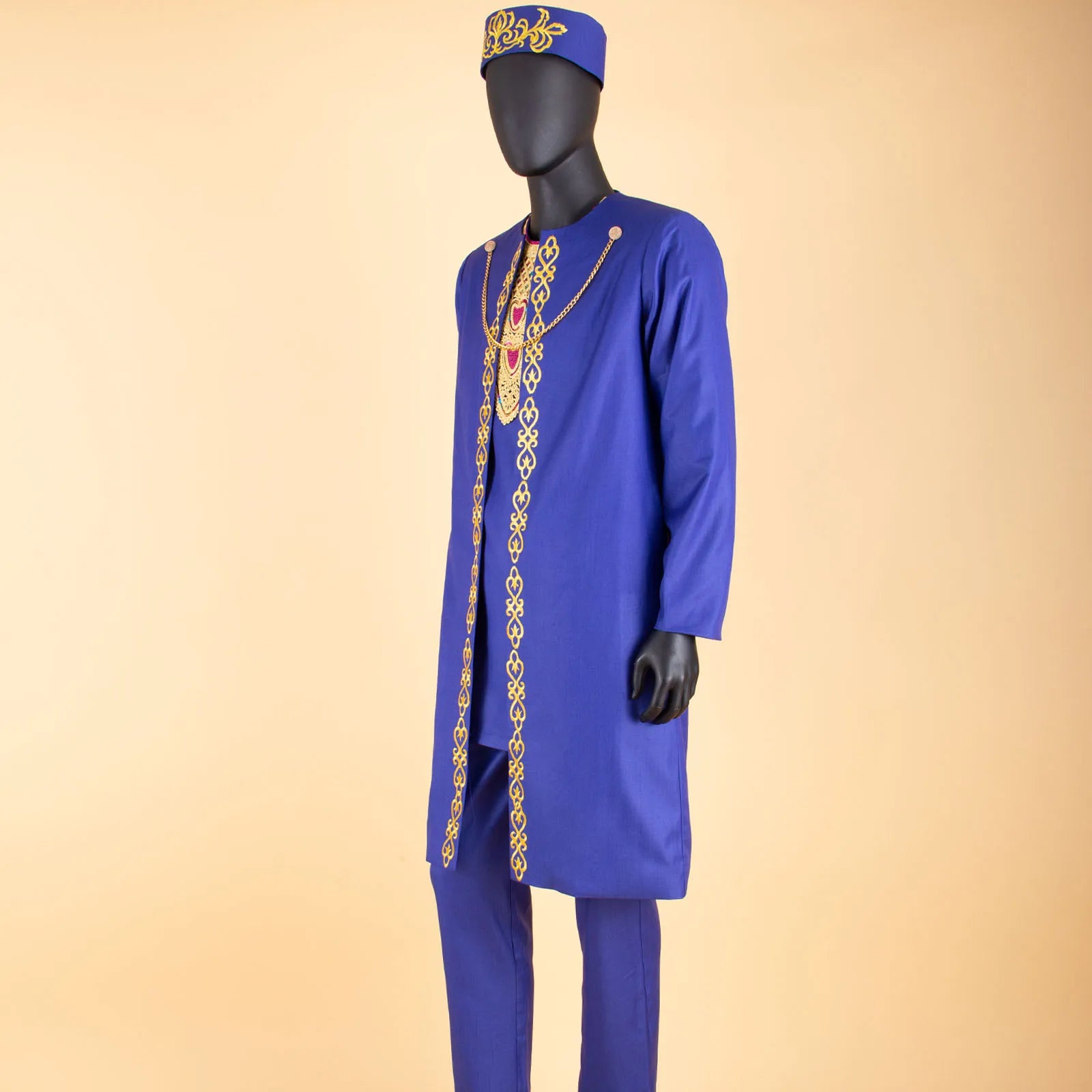 African Clothes for Men – Agbada Robe Embroidery Shirt, Pants, Hat 4PC Set with Chain