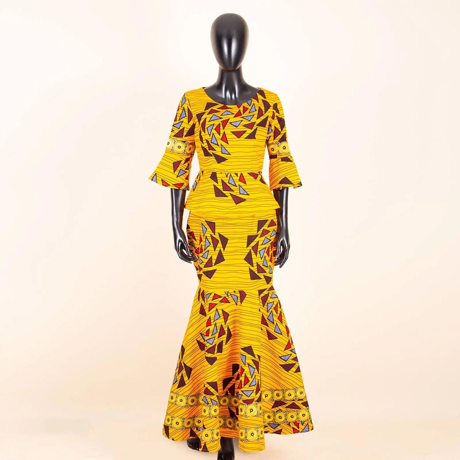 African Party Look – Gold Ankara Fishtail Dress 2PC Set