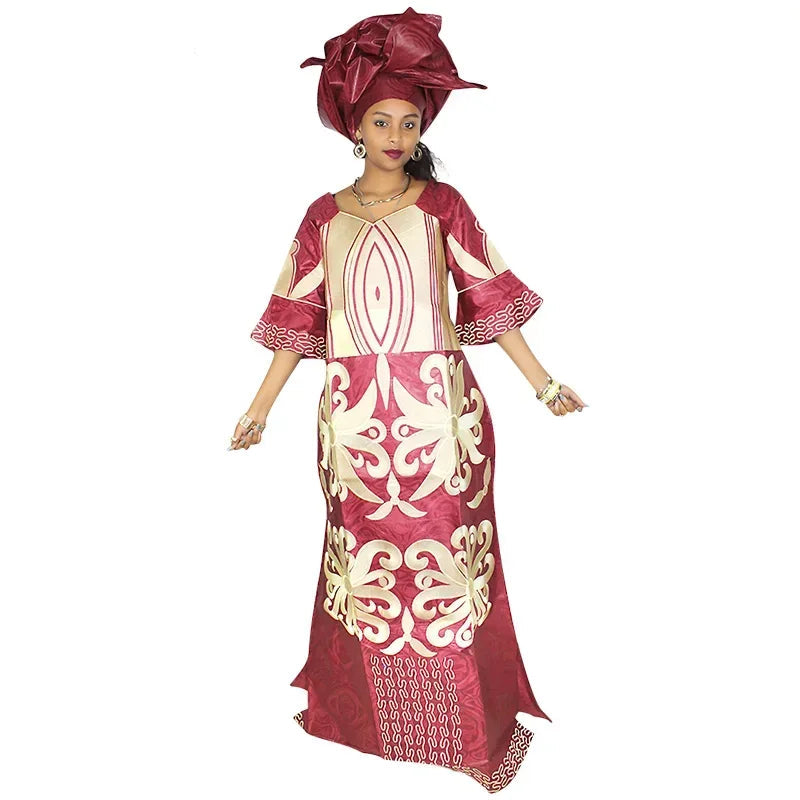 Women's Bazin Riche Embroidered Floor-Length Dress & Scarf – 5 Colours, L–5XL