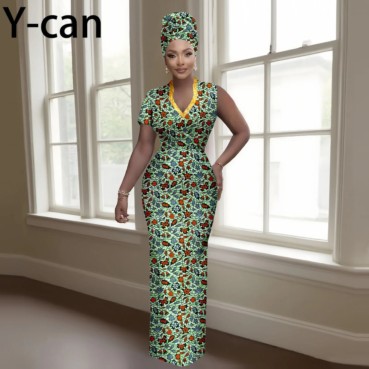 Women's African-Print V-Neck Maxi Dress & Headwrap, image 13 of 16 – Flexi Africa