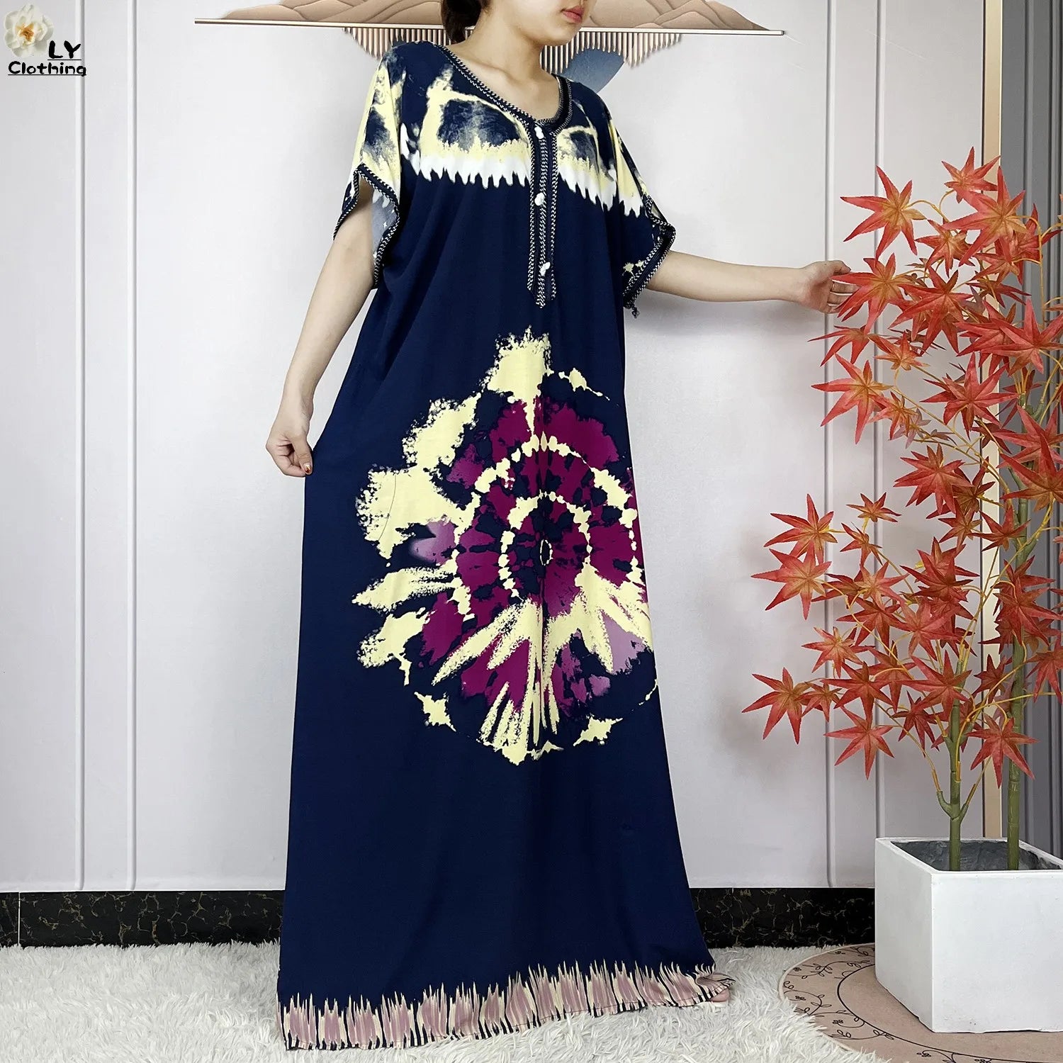 Elegant African Style Cotton Abaya Dress for Women with Patterned Print - Loose Fit Short Sleeve Muslim Rob