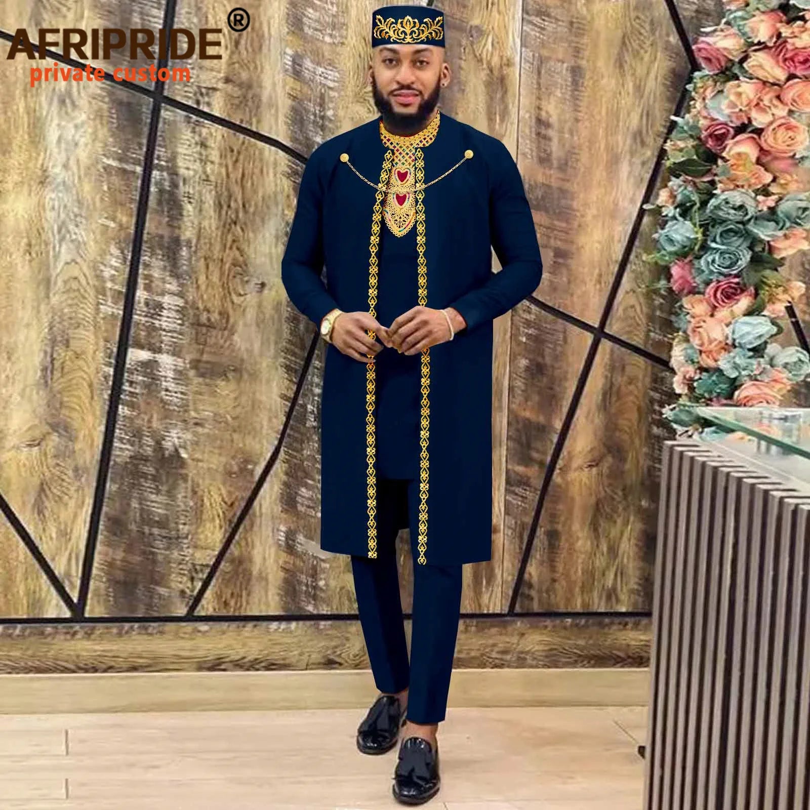 African Clothes for Men – Agbada Robe Embroidery Shirt, Pants, Hat 4PC Set with Chain