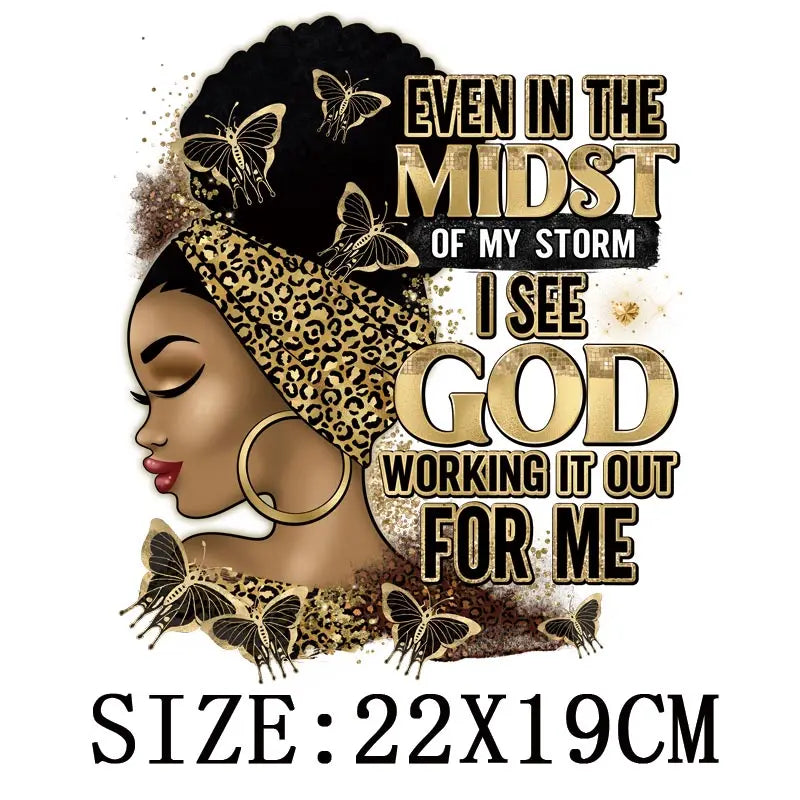 Black Queen Iron-On Heat Transfer: Glitter African Lady Applique for T-Shirts, Hoodies, and Clothing