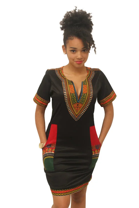 Summer Fashion: African Women's Short Sleeve V-neck Polyester Knee-length Dress - Flexi Africa - Flexi Africa offers Free Delivery Worldwide - Vibrant African traditional clothing showcasing bold prints and intricate designs