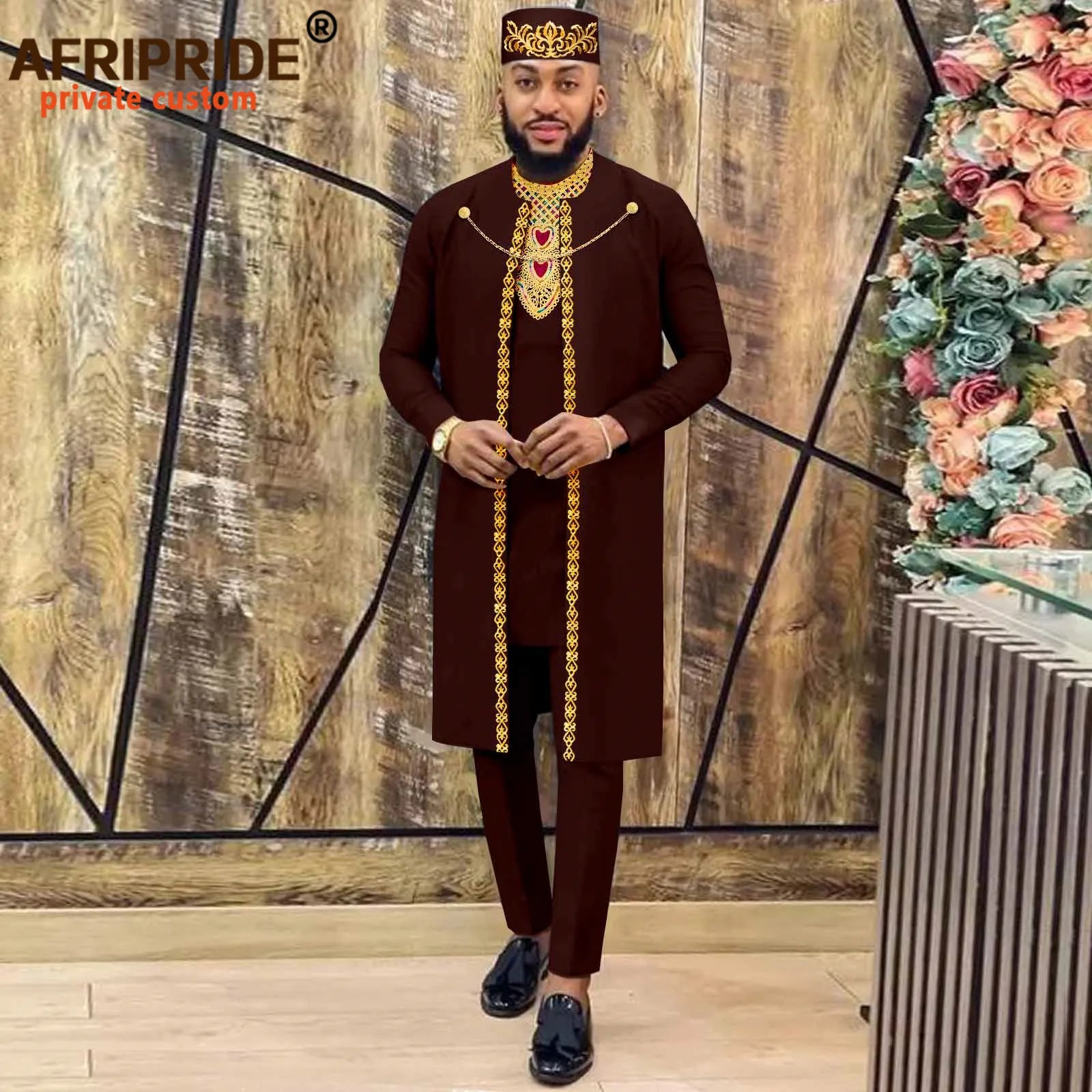 African Clothes for Men – Agbada Robe Embroidery Shirt, Pants, Hat 4PC Set with Chain