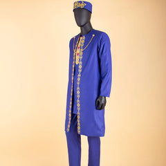 African Clothes for Men – Agbada Robe Embroidery Shirt, Pants, Hat 4PC Set with Chain