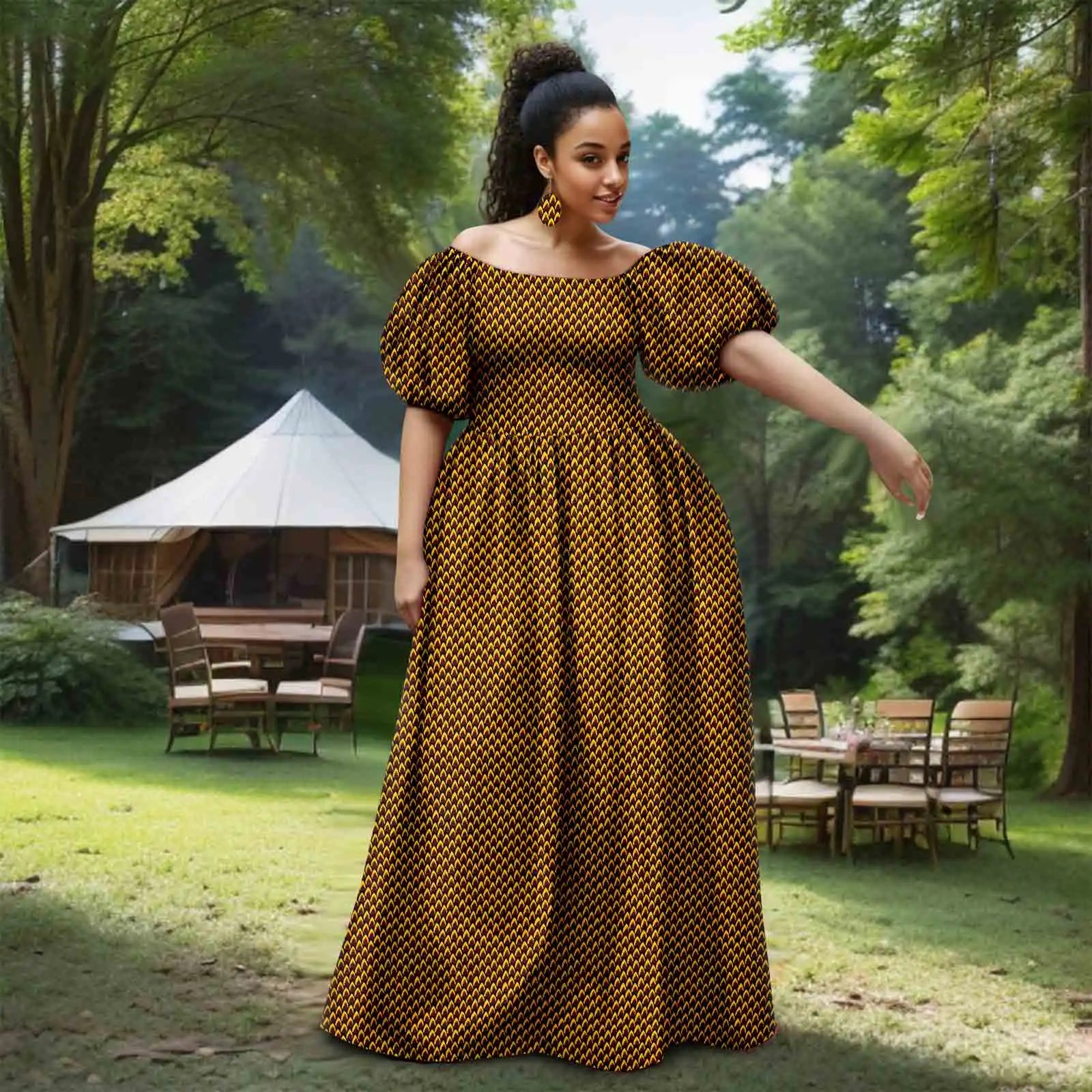 African Women’s Strapless Dress with Bubble Sleeves & Matching Earrings