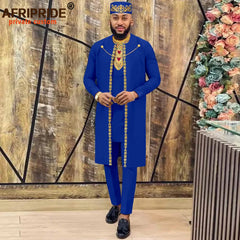African Clothes for Men – Agbada Robe Embroidery Shirt, Pants, Hat 4PC Set with Chain