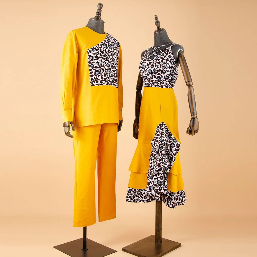 African Couple Matching Outfits – Dashiki Men’s Shirt & Pants Set with Women’s Long Print Dress