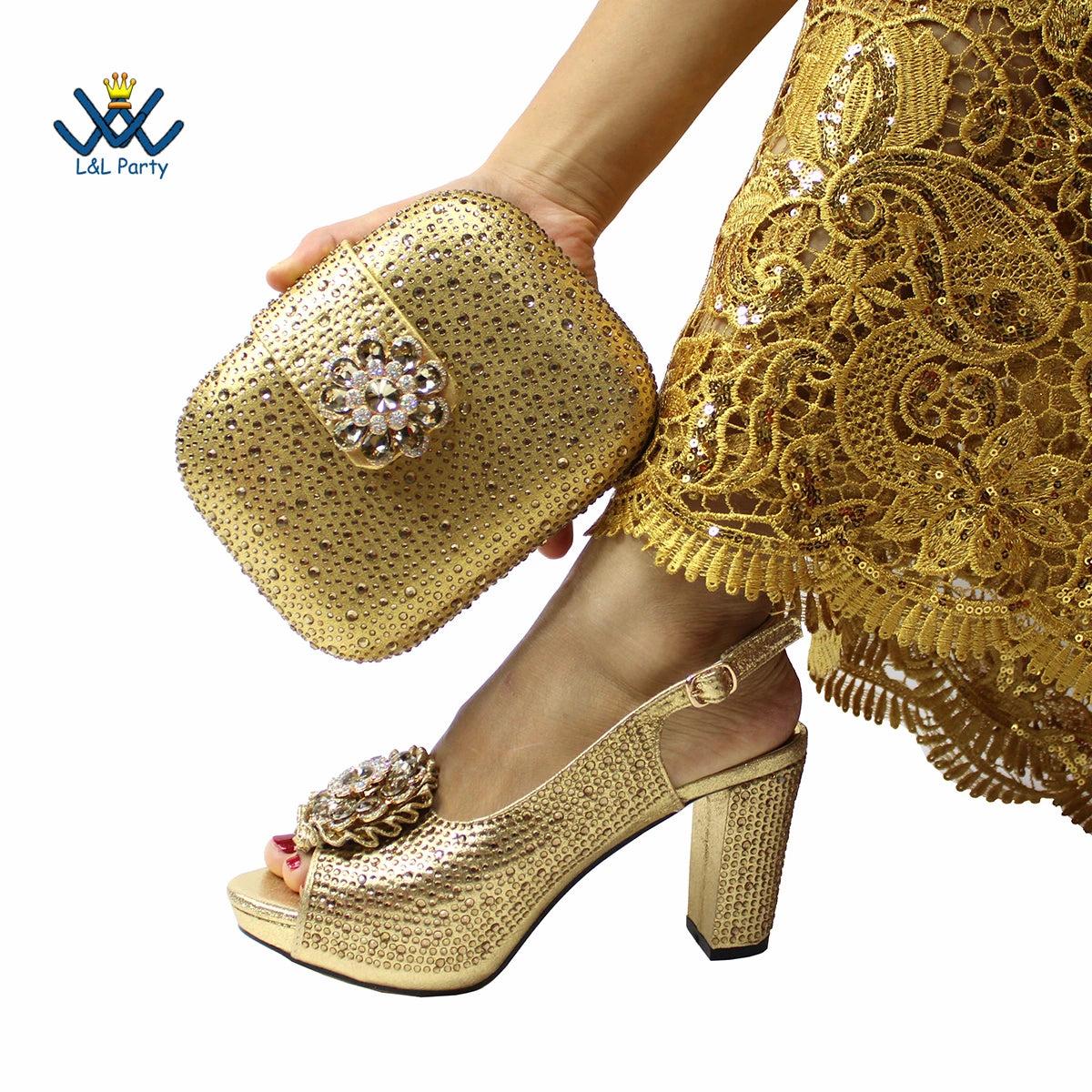 Women's Crystal Peep-Toe Slingback Heels & Bag Set – 9cm Square Heel