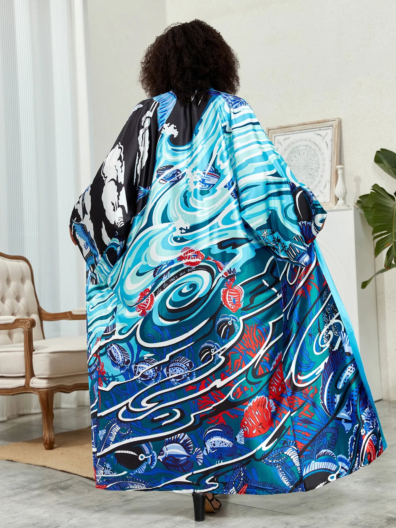 Boho Chic: Plus Size Lotus Print Kimono Cover Up with Open Front and Belt