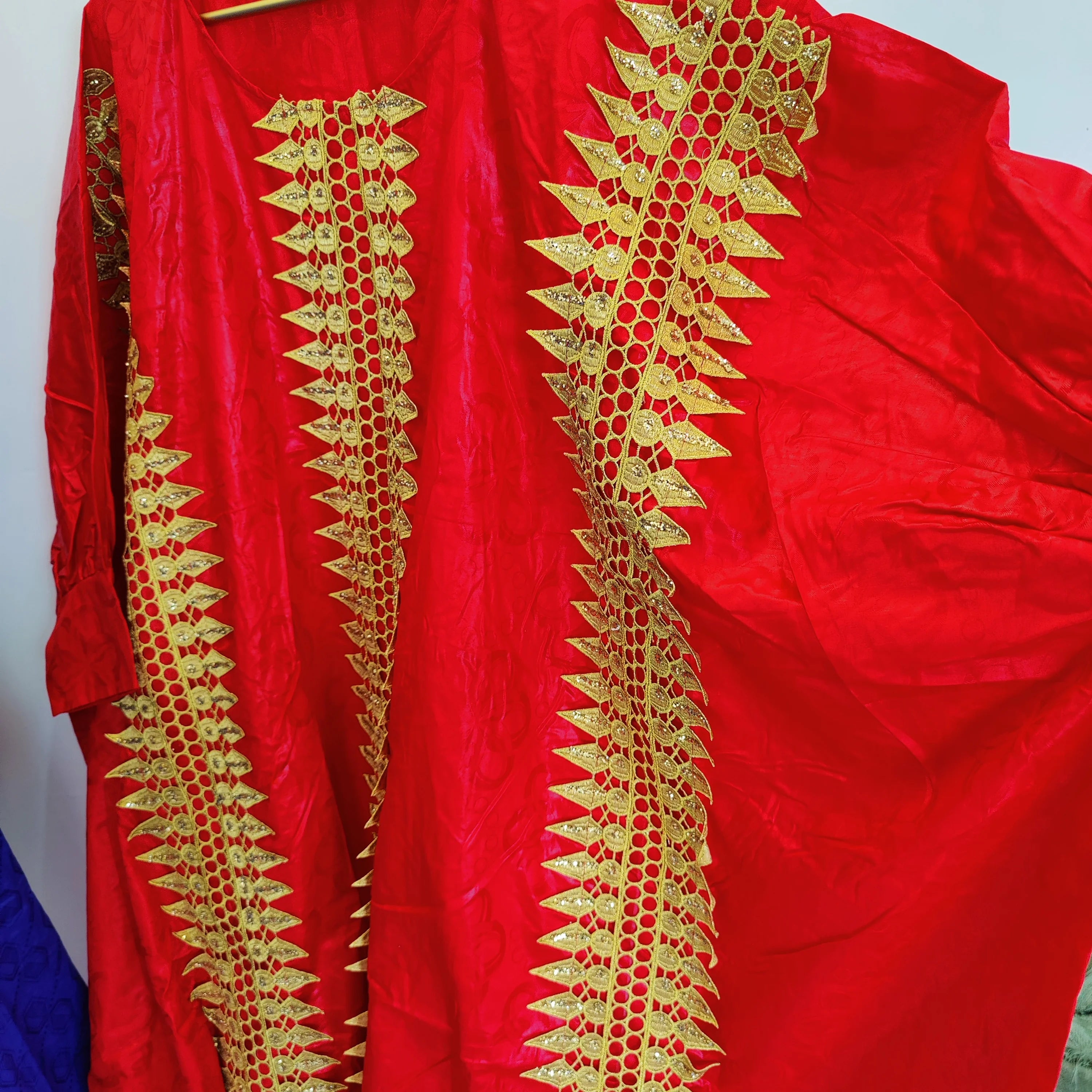Exquisite African Red Boubou Bazin Riche: Gold Dust Embroidered Wedding Bride Dress - Flexi Africa - Flexi Africa offers Free Delivery Worldwide - Vibrant African traditional clothing showcasing bold prints and intricate designs