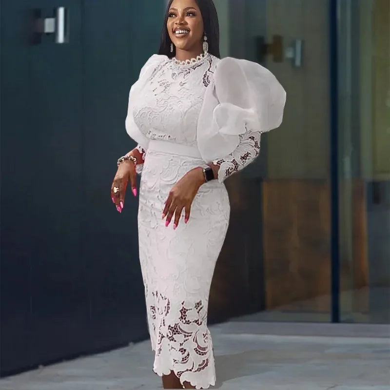 Women's White Three-Quarter Sleeve Long Occasion Dress, main product image – Flexi Africa