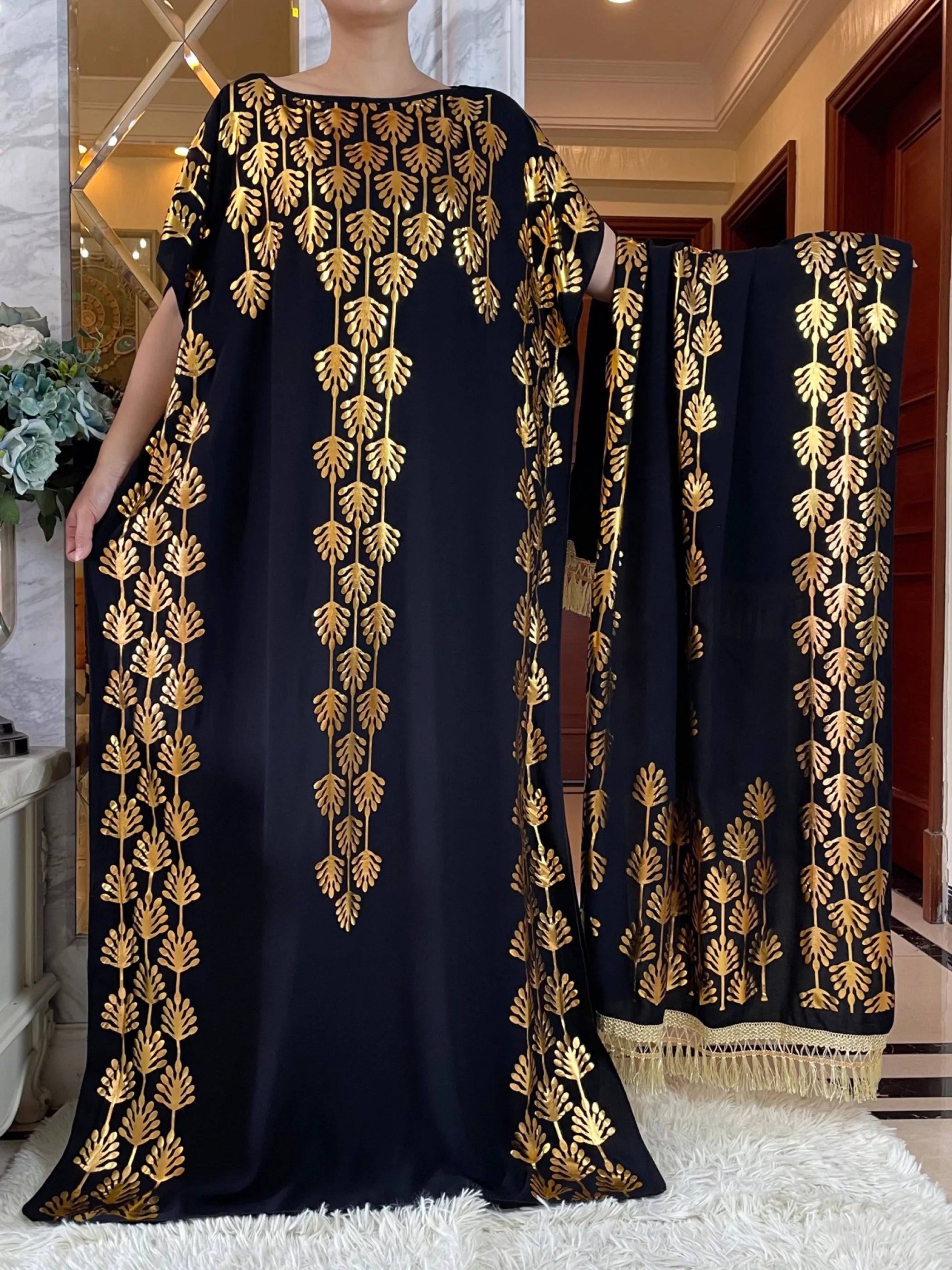 Summer Maxi Dress: Cotton with Gold Stamping, Short Sleeves, and Matching Big Scarf - Flexi Africa - Flexi Africa offers Free Delivery Worldwide - Vibrant African traditional clothing showcasing bold prints and intricate designs