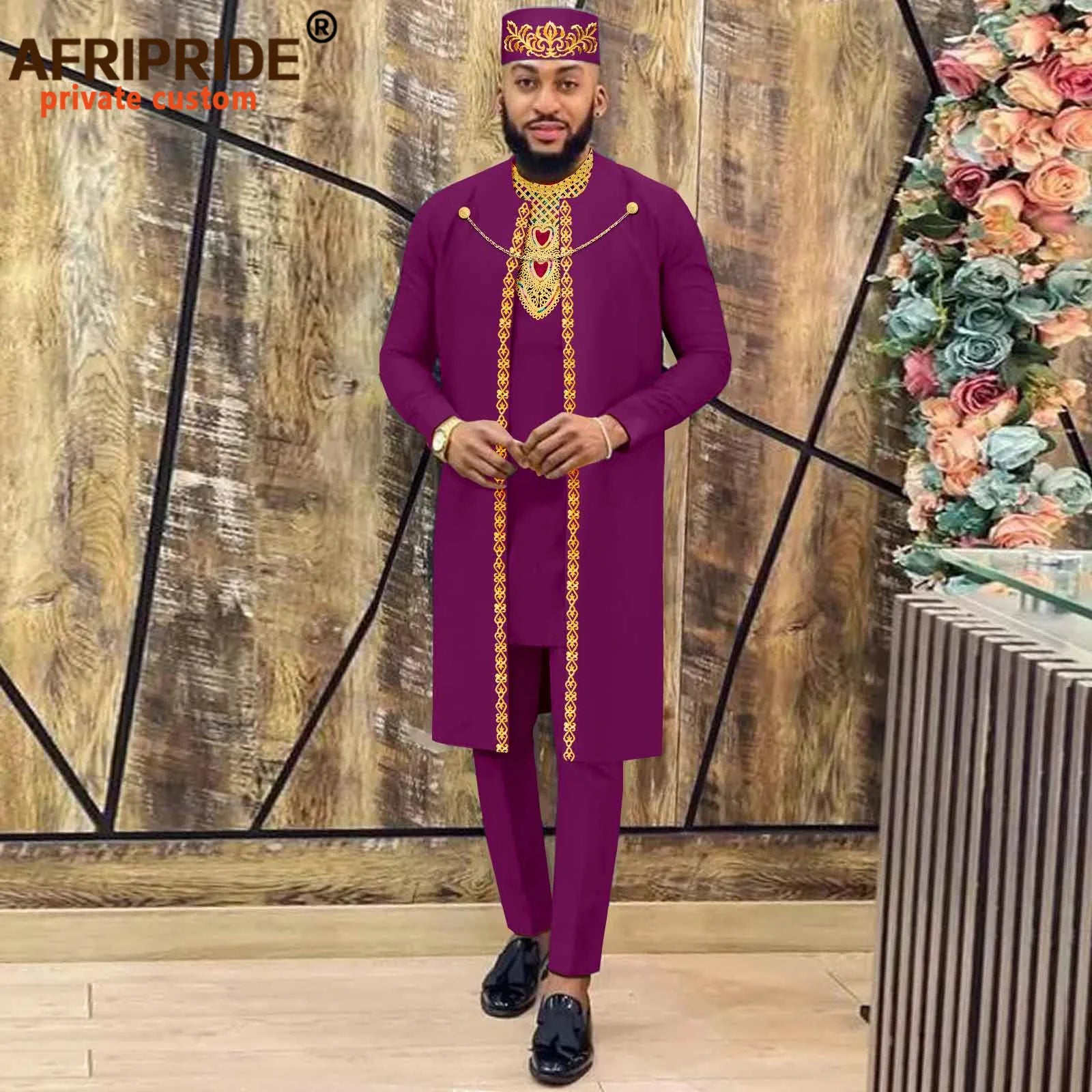 African Clothes for Men – Agbada Robe Embroidery Shirt, Pants, Hat 4PC Set with Chain