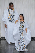 Step into timeless African luxury with our Bazin Riche Embroidery Couple Design Dress — a floor-length masterpiece