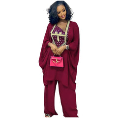 African Dresses For Women 3/4 Sleeve Embroidery Top With Pants