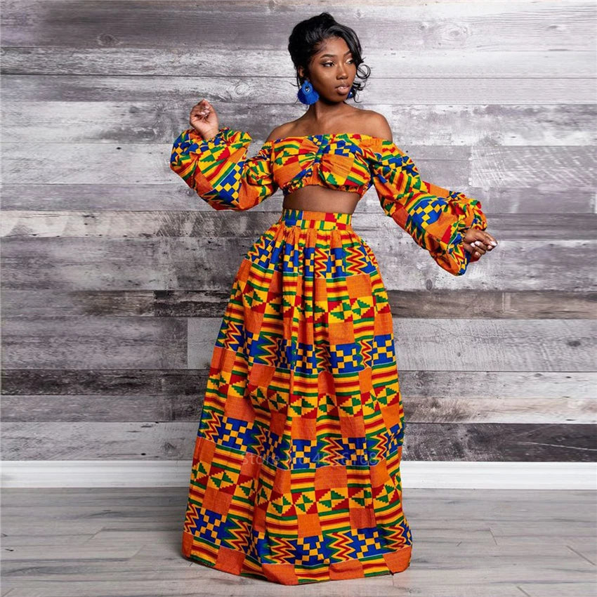 Women's Off-Shoulder Print Top & Slit Maxi Skirt Options, main product image – Flexi Africa