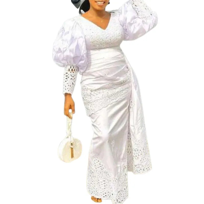 Elegant Dashiki African Robe Kaftan: Long Maxi Dress in White, Fashion Abaya African Clothing - Flexi Africa - Flexi Africa offers Free Delivery Worldwide - Vibrant African traditional clothing showcasing bold prints and intricate designs
