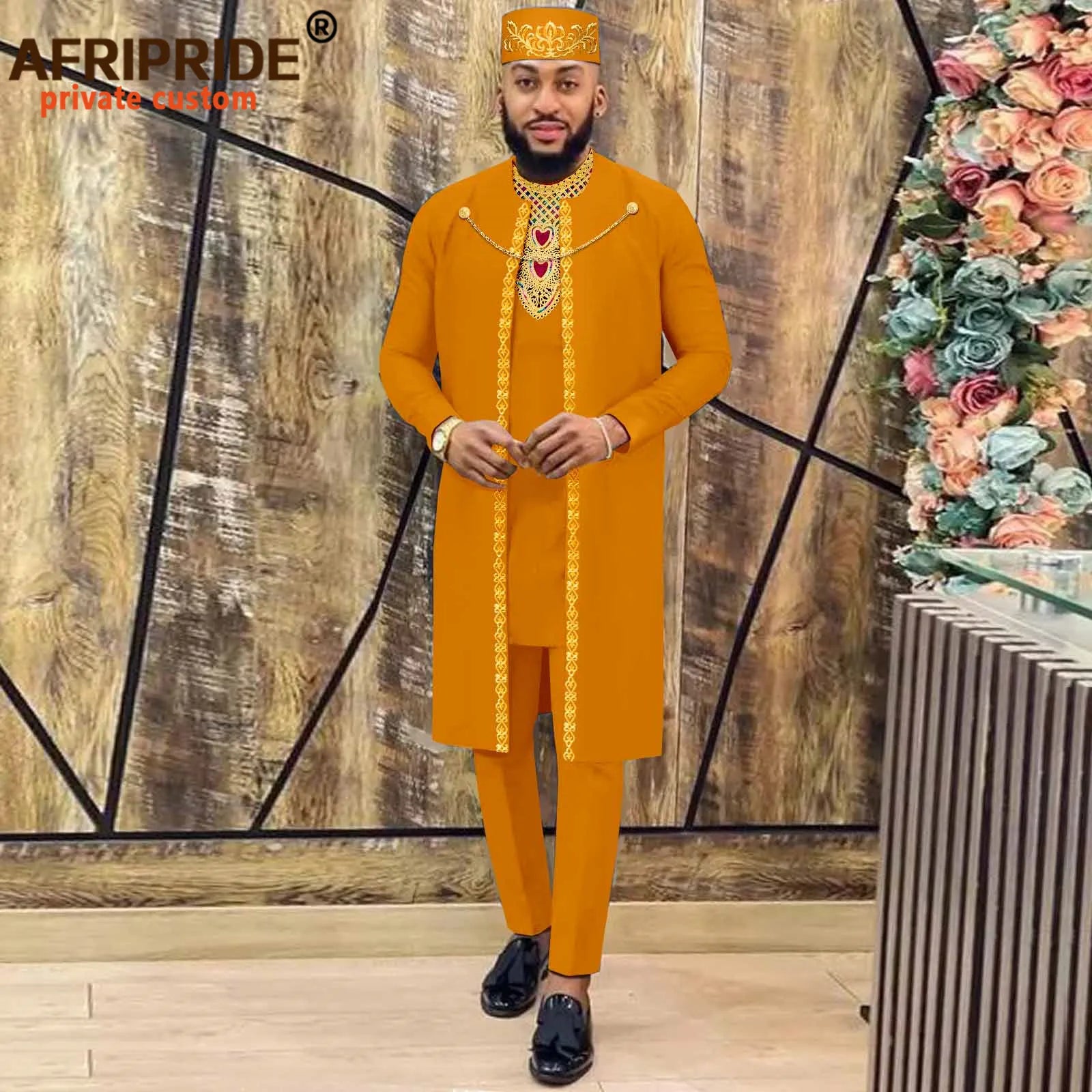 African Clothes for Men – Agbada Robe Embroidery Shirt, Pants, Hat 4PC Set with Chain