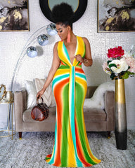 African-Inspired Elegance: Fashion Print High Waist V-neck Maxi Dress - Flexi Africa - Flexi Africa offers Free Delivery Worldwide - Vibrant African traditional clothing showcasing bold prints and intricate designs