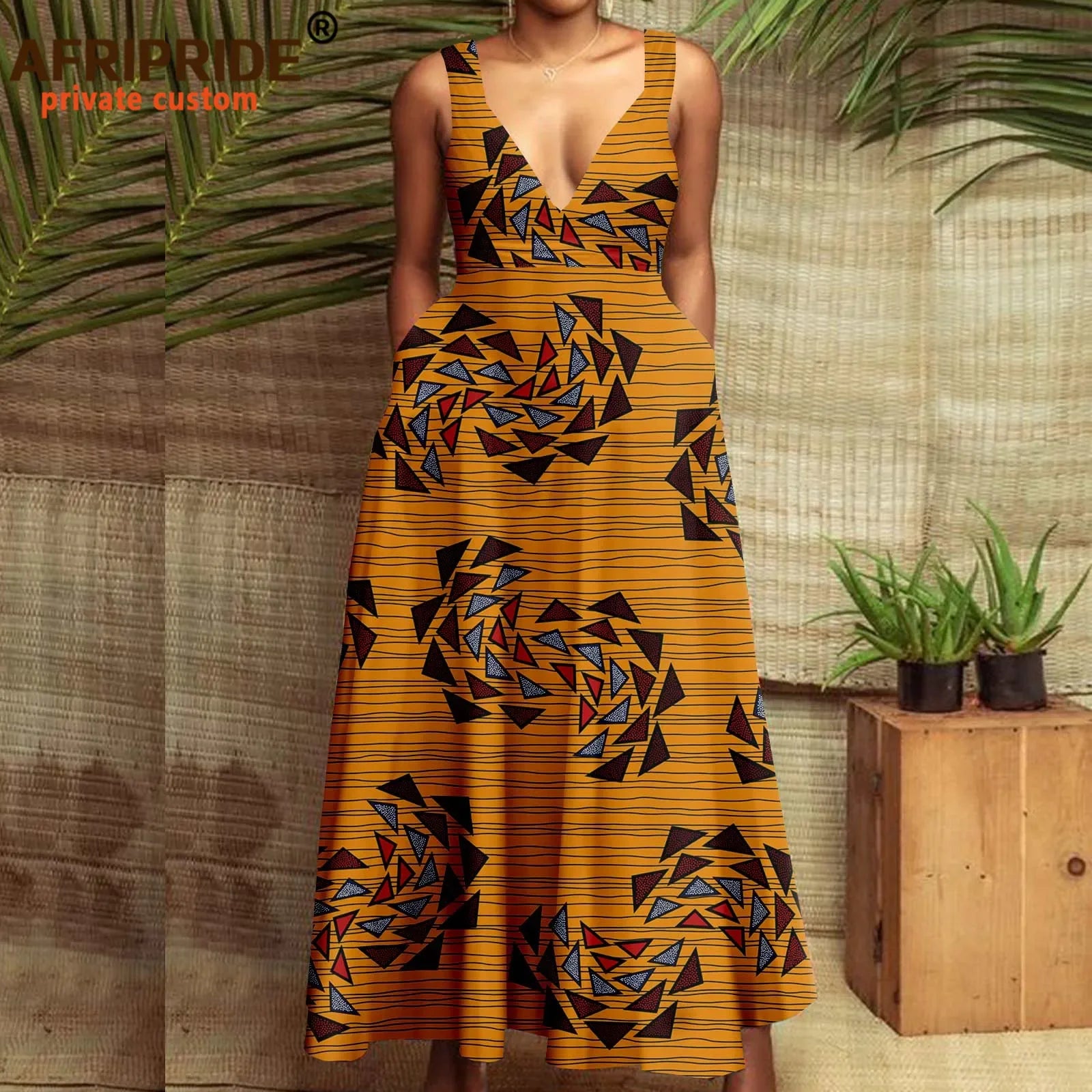 Buy African Print Maxi Dress for Women – Deep V-Neck Sleeveless High-Waist Ankara Dress Plus Size Party Wear