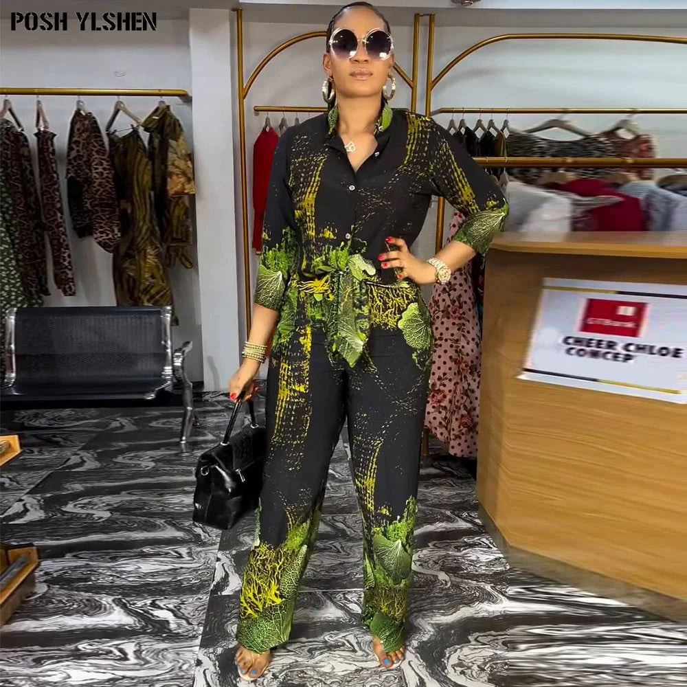 Women's Green African-Print Top & Trouser Set, image 2 of 6 – Flexi Africa