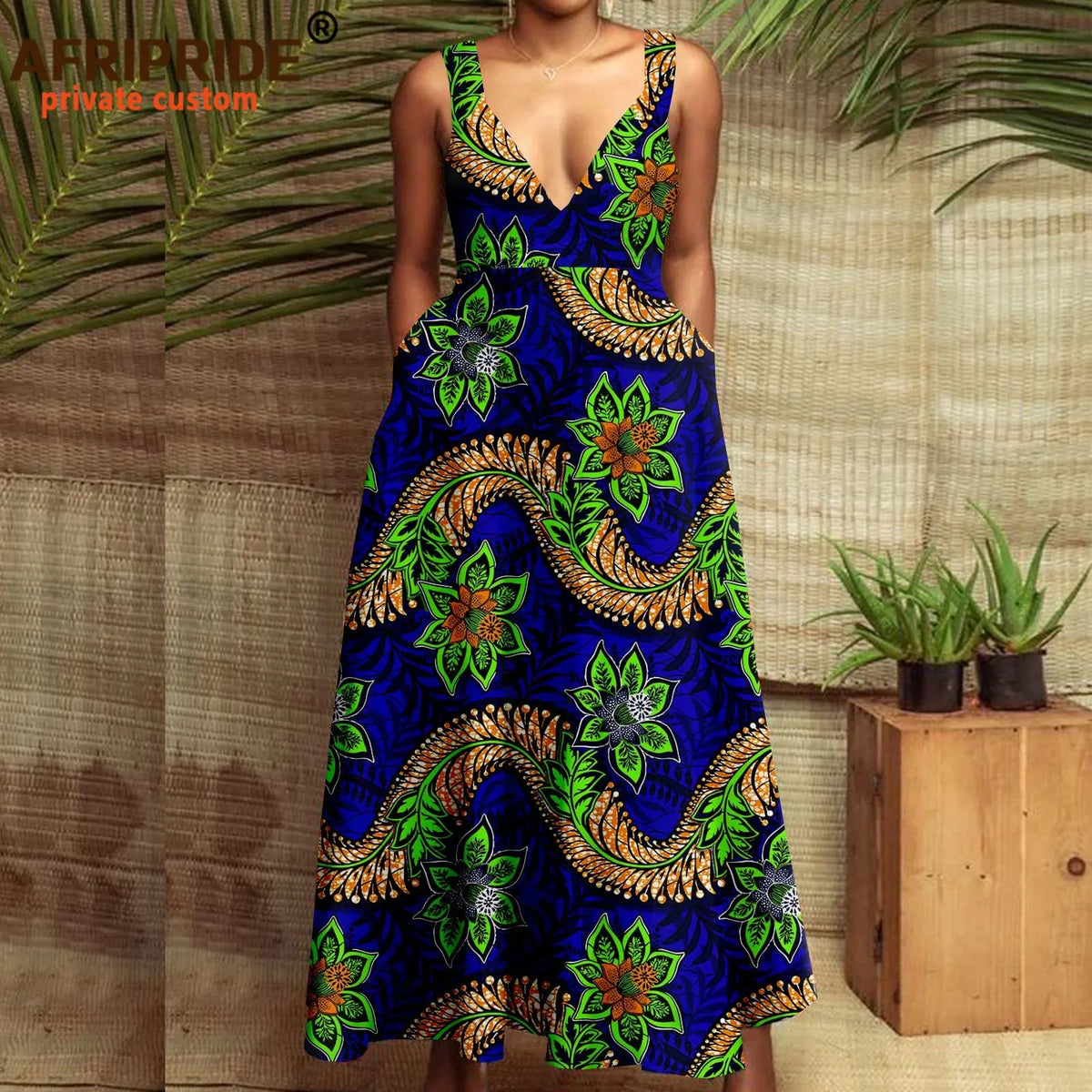 Buy African Print Maxi Dress for Women – Deep V-Neck Sleeveless High-Waist Ankara Dress Plus Size Party Wear