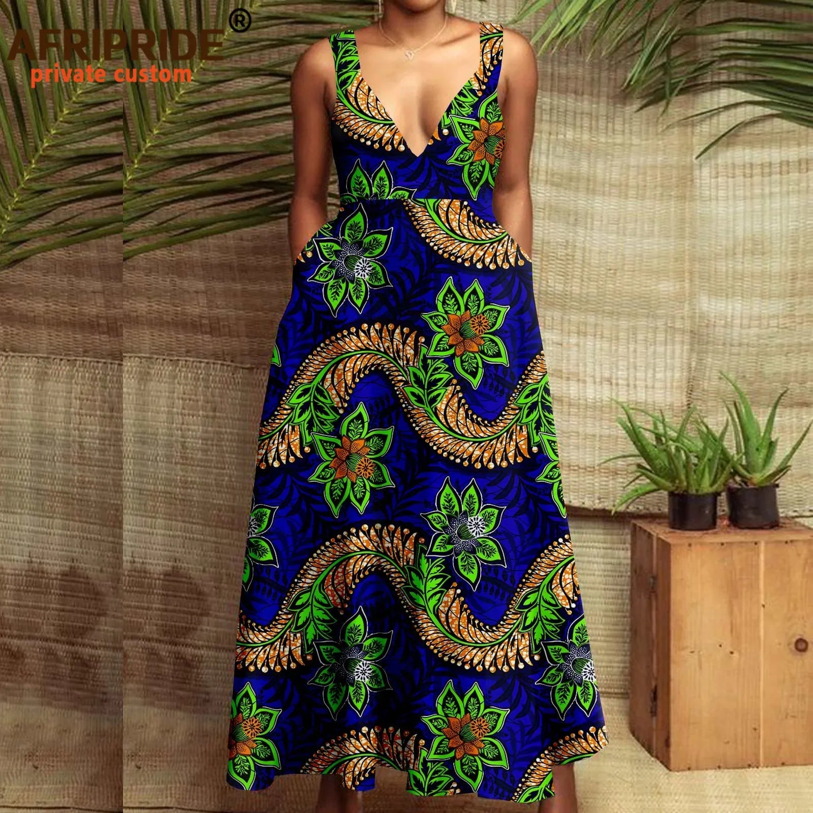Buy African Print Maxi Dress for Women – Deep V-Neck Sleeveless High-Waist Ankara Dress Plus Size Party Wear