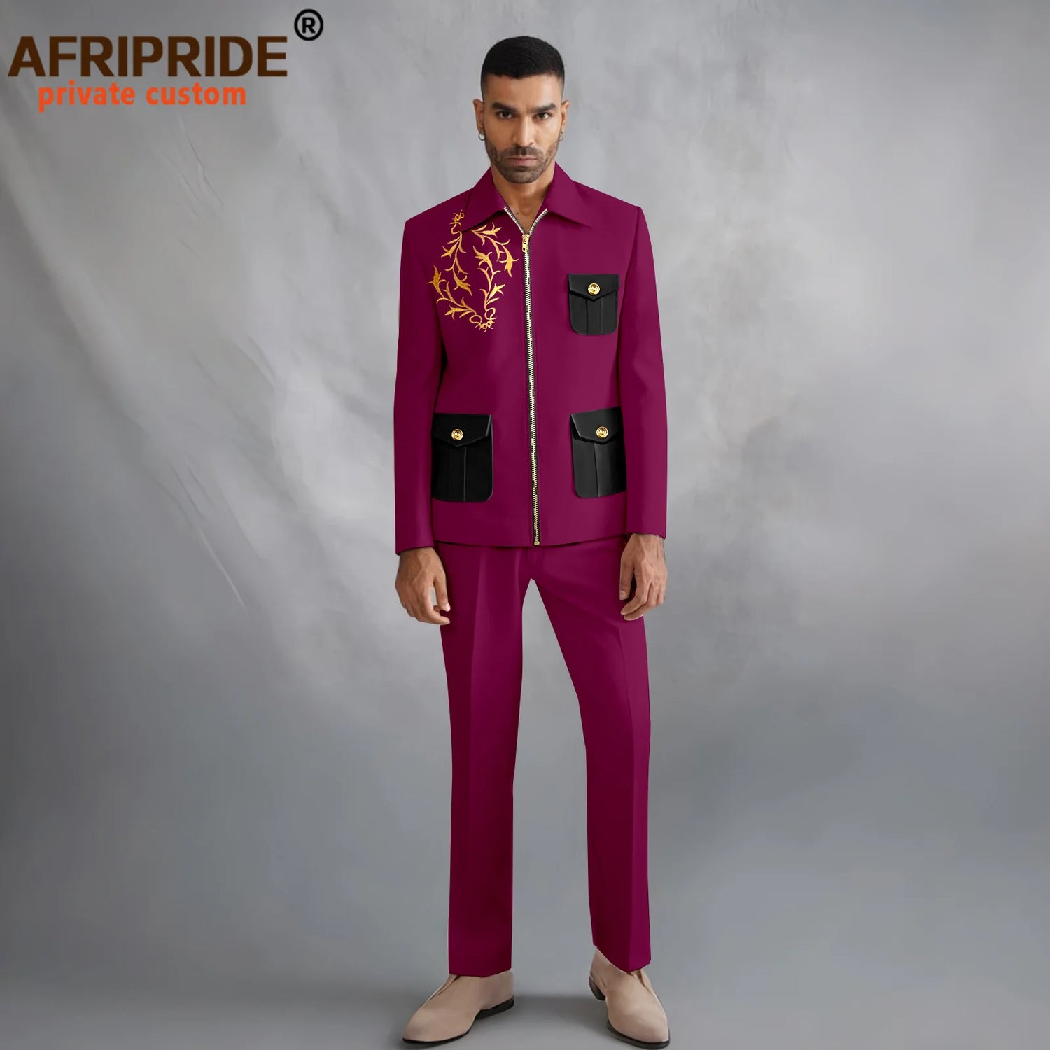 Men's Dashiki Embroidery Zip Jacket & Pants 2-Piece Suit