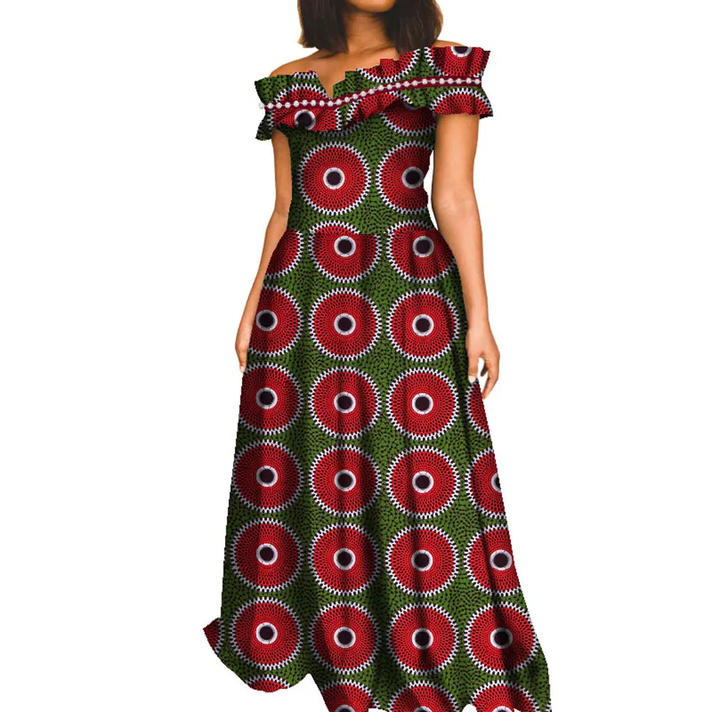 Elegant African Maxi Dress for Women – Slash Neck Print Long Dashiki Gown - Free Delivery Worldwide only at Flexi Africa