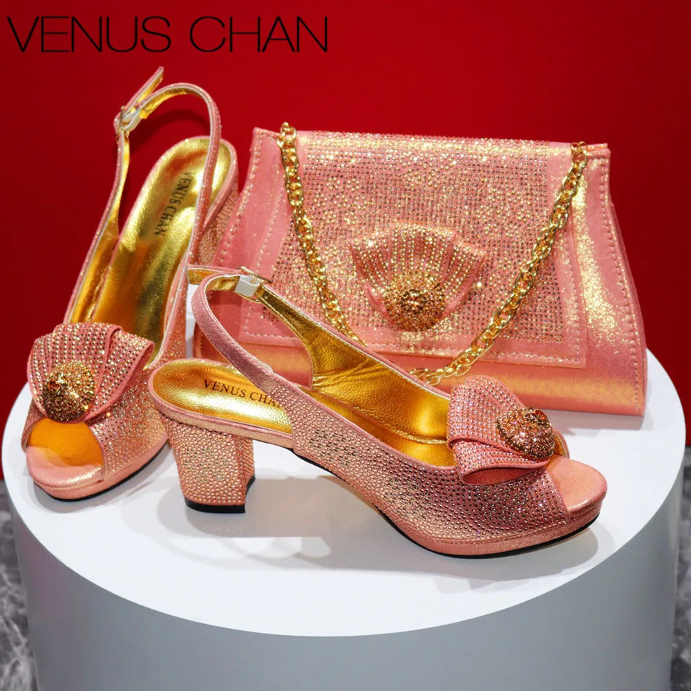 Women's Sequin Pointed-Toe Slingback Heels & Bag Set – 6.5cm Block Heel