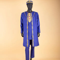 African Clothes for Men – Agbada Robe Embroidery Shirt, Pants, Hat 4PC Set with Chain