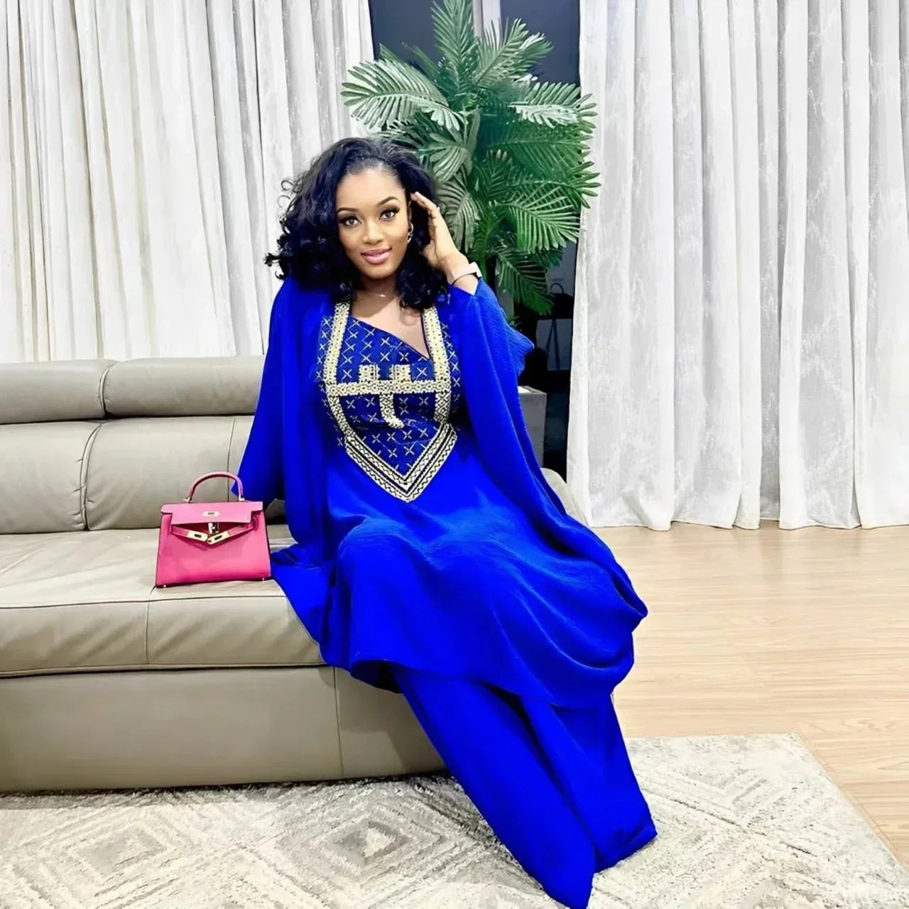 African Dresses For Women 3/4 Sleeve Embroidery Top With Pants