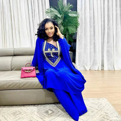 African Dresses For Women 3/4 Sleeve Embroidery Top With Pants