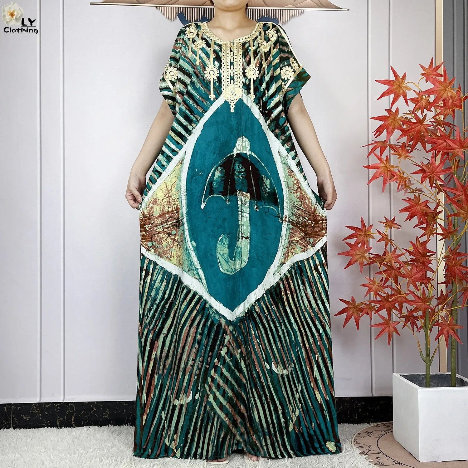 Elegant African Style Cotton Abaya Dress for Women with Patterned Print - Loose Fit Short Sleeve Muslim Rob