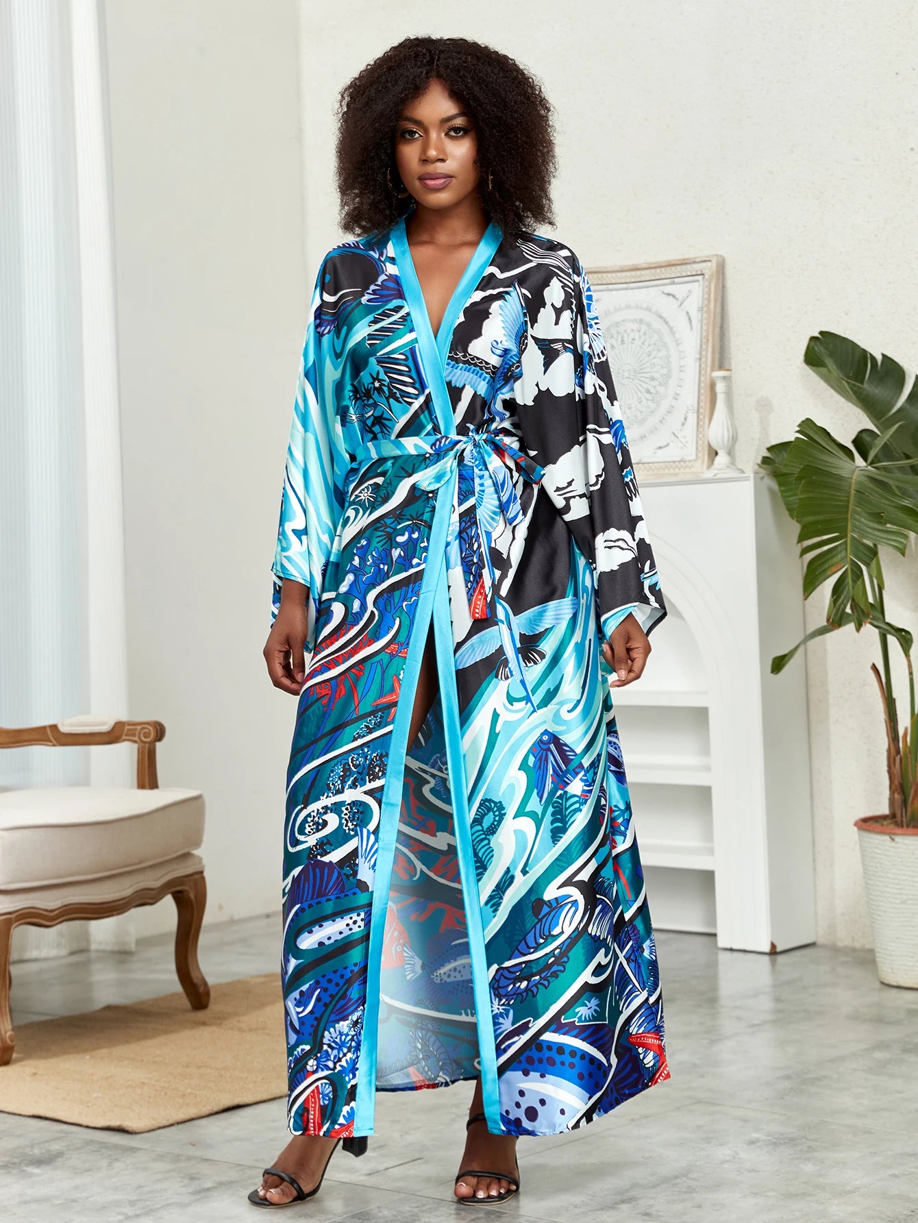 Boho Chic: Plus Size Lotus Print Kimono Cover Up with Open Front and Belt