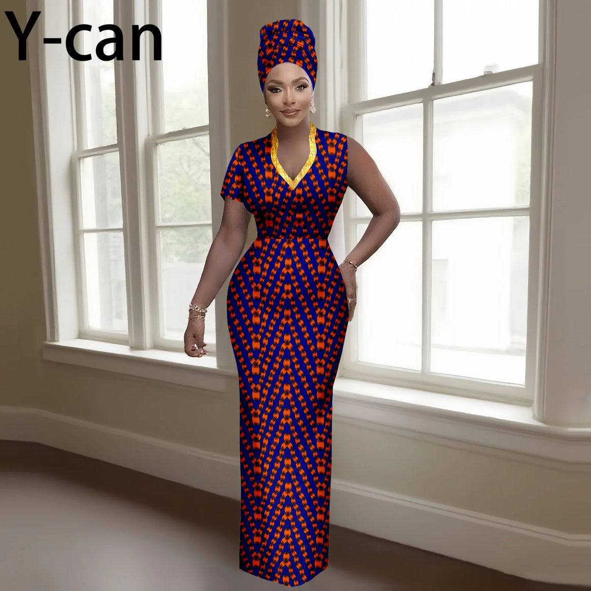 Women's African-Print V-Neck Maxi Dress & Headwrap, image 16 of 16 – Flexi Africa