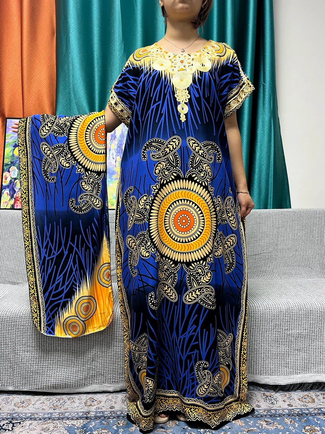 Women Print Appliques Cotton Traditional Kanga Clothing Loose Femme Robe African Nigeria Dresses With Turban - Flexi Africa - Flexi Africa offers Free Delivery Worldwide - Vibrant African traditional clothing showcasing bold prints and intricate designs