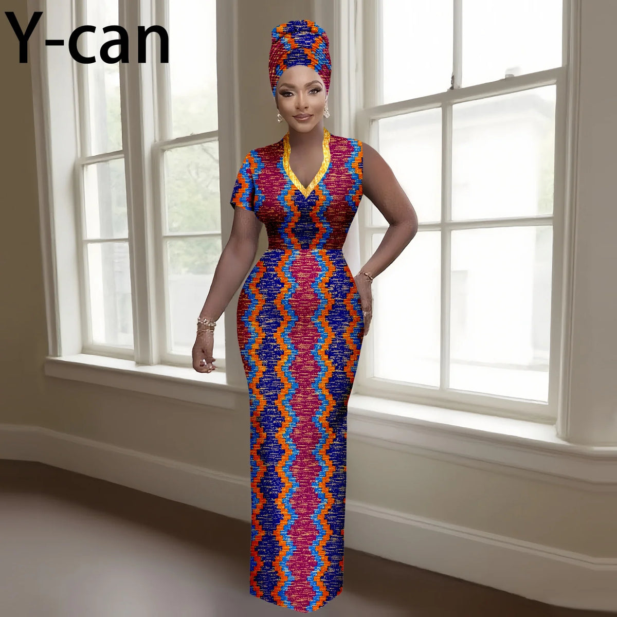 Women's African-Print V-Neck Maxi Dress & Headwrap, image 7 of 16 – Flexi Africa