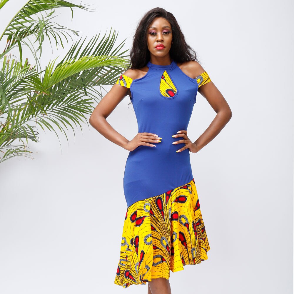 Stylish African Off-Shoulder Dress for Women: Sexy Summer Dress with Rich Bazin Ankara Print in Midi Length - Flexi Africa - Flexi Africa offers Free Delivery Worldwide - Vibrant African traditional clothing showcasing bold prints and intricate designs